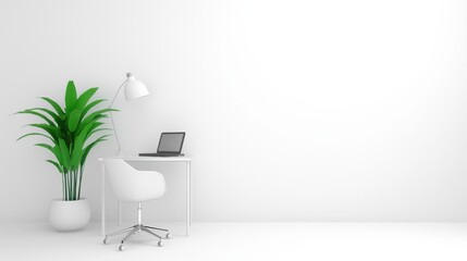 A minimalist white room with a desk, chair, and plant.