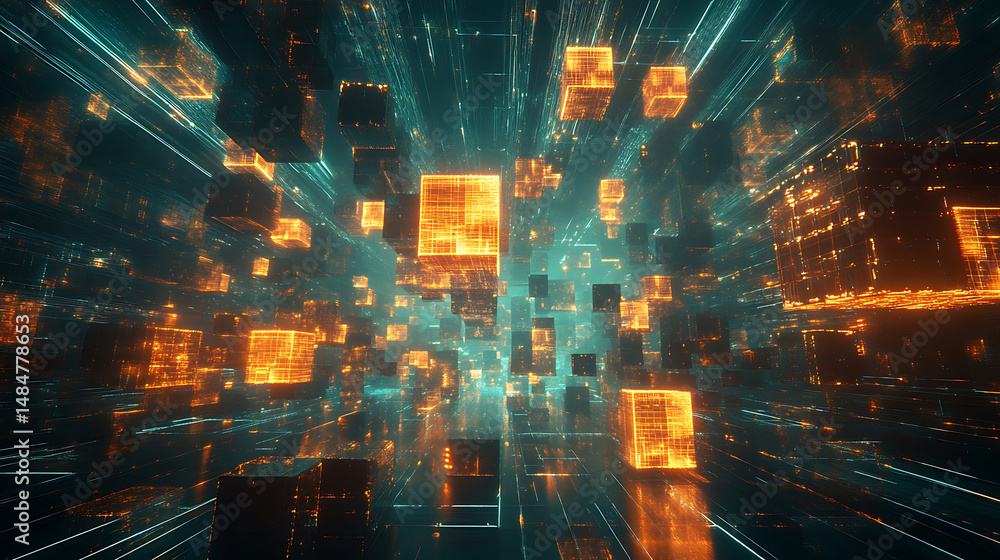 Aufkleber abstract technological network illustration with floating golden cubes data transmission concept