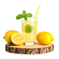 Fresh lemon drink with mint on wooden slice