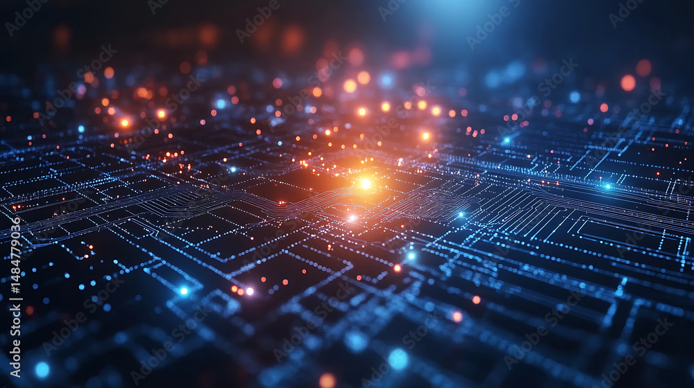 Poster abstract technology background with circuit board digital data transmission and orange glowing eleme