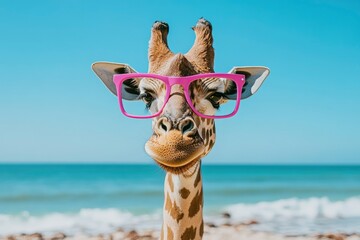 Giraffe on the beach near the see in pink glasses. fun, creative portrait of a stylish, humanized character. playful concept of travel
