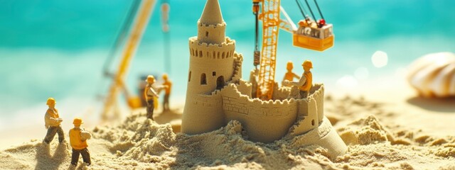 Tiny construction workers building an enormous sandcastle on beach. teamwork, beach fun, childhood memories,  surreal scale, summer vibes concept. selective focus. banner 