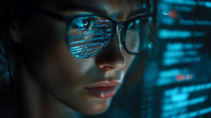 Young woman focused on coding with glasses reflecting digital data at night