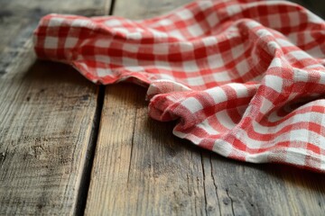Fototapeta premium Red and white checkered napkin on a rustic wooden table surface. Use for food photography, product mockups, or design elements.
