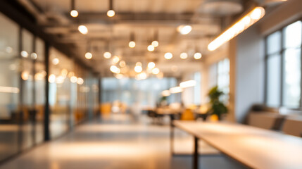 Modern office interior with blurred background showcasing open workspace and lighting