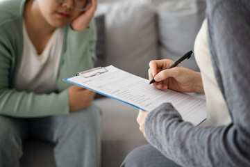 Psychologist doctor examine and listen and talking to patient with depression, anxiety