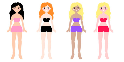 woman paper cut dress isolated on white background. Paper doll with clothes set. Cute girl. Template for cutting.