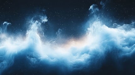 Fototapeta premium Abstract artwork of swirling white and blue clouds against a dark starry sky, evoking a sense of dreamlike or cosmic atmosphere
