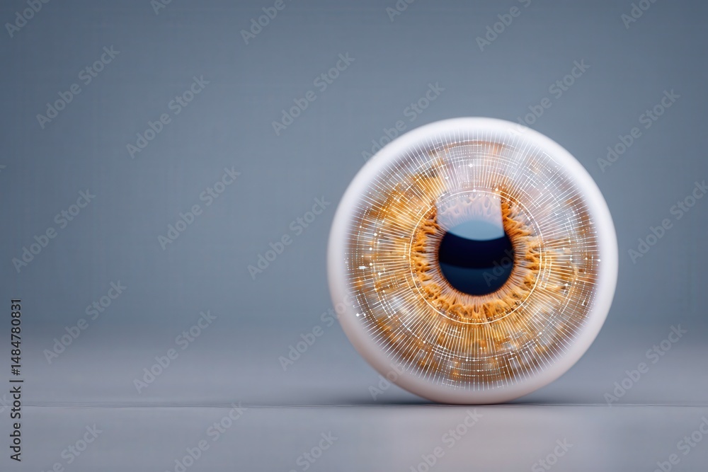 Poster futuristic representation of a human eye surrounded by intricate digital patterns showcasing technol