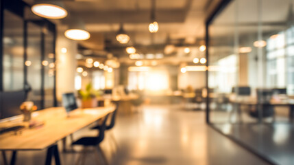 Modern office interior with warm sunlight casting through large windows during the evening hours