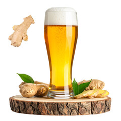 Ginger beer in glass with ginger roots and leaves