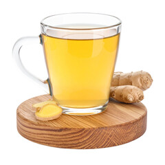 Ginger drink in glass mug on wooden coaster