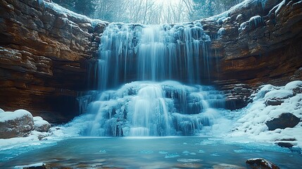 Frozen waterfall cascading down a rocky cliff face, a breathtaking display of nature's icy artistry and grandeur