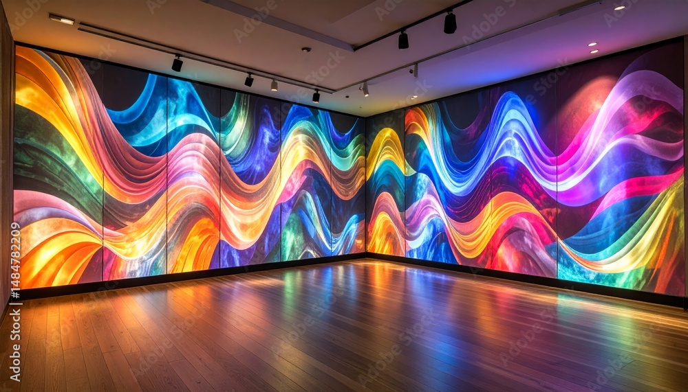 Poster colorful abstract light installation with dynamic waves on walls in a modern