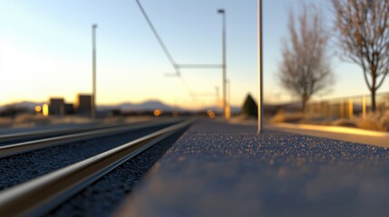A train track in the foreground with a city skyline in the background.