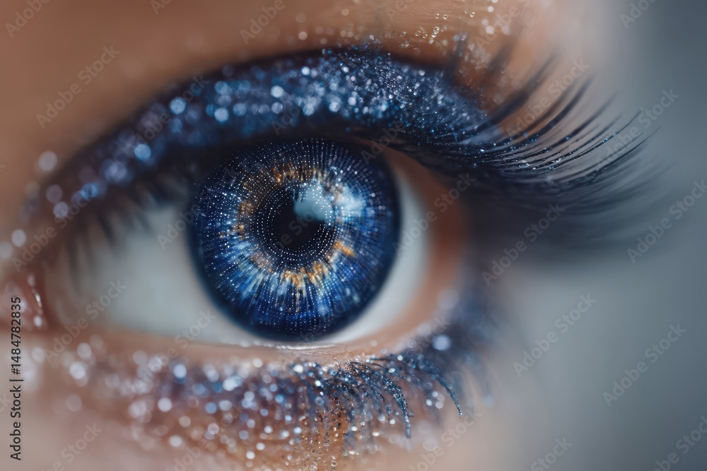 Poster close-up of a mesmerizing eye adorned with sparkling blue and silver glitter capturing the infinite 
