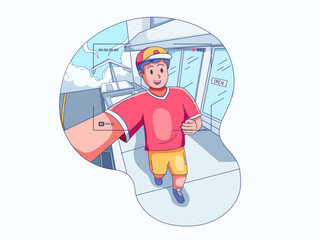 Illustration showing a person vlogging or IRL streaming while walking through an urban environment. 
The person holding a camera or smartphone to record the content.