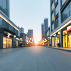 Obraz premium Urban street at sunset showcasing modern architecture and vibrant storefronts