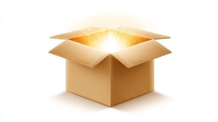 Glowing Surprise Emerging from Open Brown Cardboard Box