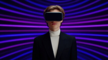 Fototapeta premium A confident individual wearing cutting-edge virtual reality goggles against a striking neon backdrop evoking a sense of digital sophistication and futuristic exploration