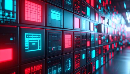 Fototapeta premium Futuristic Digital Interface Wall With Glowing Red And Blue Screens