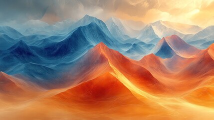 Geometric patterns of sapphire and gold intertwine across a vast desert landscape, where towering sand dunes shift and ripple under the scorching sun, creating an illusion of endless, abstract art