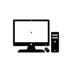 Black silhouette vector of a desktop computer with monitor, CPU tower, and mouse on white background.