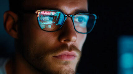 Man focused on coding while wearing glasses with screen reflections in dark environment