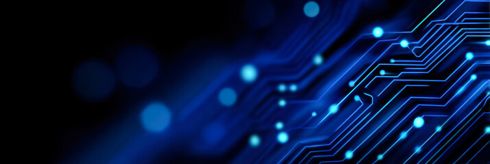 Exploring blue digital circuitry with glowing elements in a modern abstract design