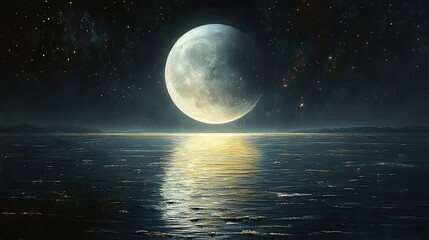 Gleaming obsidian surfaces reflect the distorted image of a full moon hanging in a velvet sky dotted with distant stars