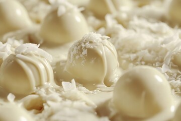 Indulgent dessert features round coconut treats on creamy white chocolate surface