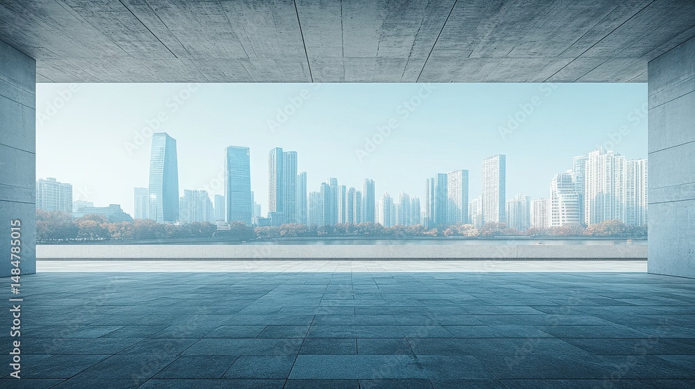 Poster empty urban space with concrete surface and abstract open structure
