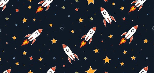 Fototapeta premium Seamless hand-drawn space rocket and star pattern, ideal for textile or wrapping paper, clipart, background