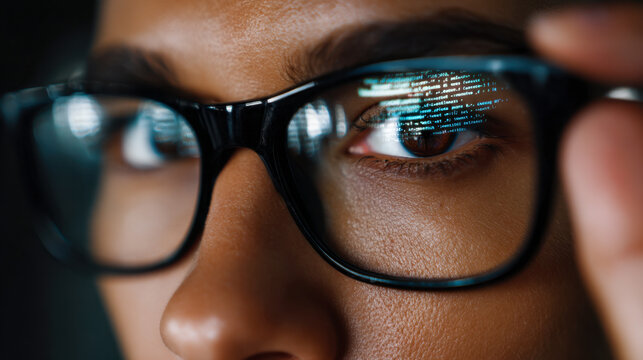 A person analyzes lines of code displayed in their reflective glasses