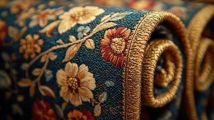 Gold trim adorns the edges of a richly colored tapestry, adding a touch of elegance and sophistication to the artwork