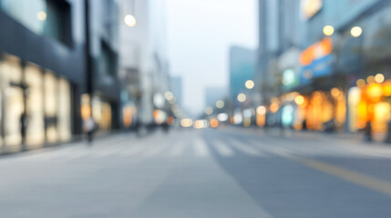 Busy urban street in soft focus with blurred lights and pedestrians passing by during twilight
