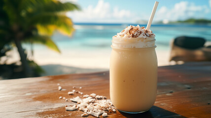 A refreshing coconut smoothie in a glass jar with a straw, garnished with coconut flakes, placed on a wooden table, beachside setting, fast, real photo, stock photography (1)