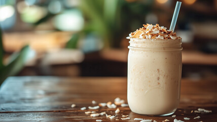 A refreshing coconut smoothie in a glass jar with a straw, garnished with coconut flakes, placed on a wooden table, beachside setting, fast, real photo, stock photography (1)