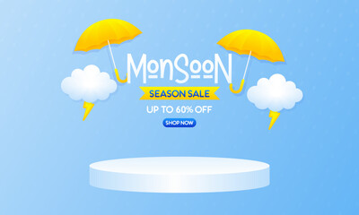 Monsoon Season Sale Banner with 3D Podium and Rainy Weather Elements – Up to 60% OFF