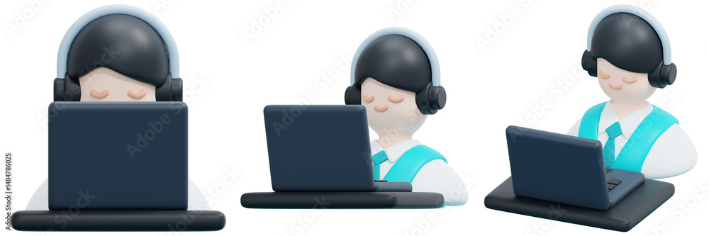 Aufkleber set of 3d render of customer service representative with headset using laptop 3d render icon illustr
