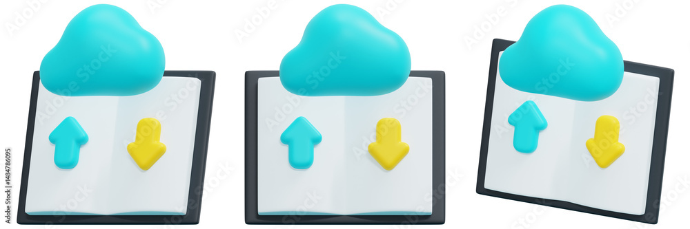 Poster set of 3d render of cyan cloud over white book with up and down yellow arrows 3d render icon illustr