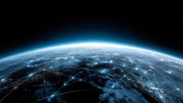 View of Earth from space with illuminated cities and network connections at night