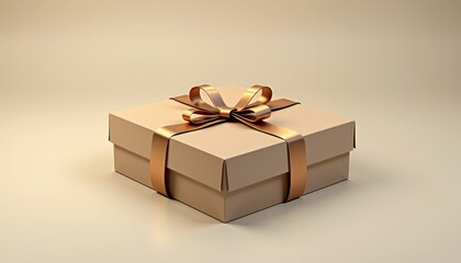 Elegant Beige Gift Box with Bronze Bow in Minimalist Style in Monochromatic Beige for Gifting or Celebration