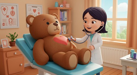 Doctor examining teddy bear cartoon illustration