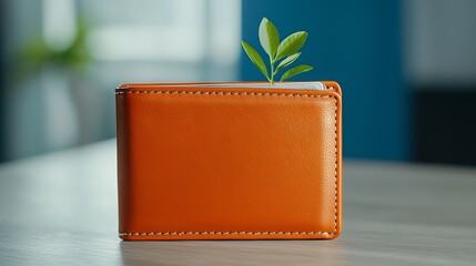 Orange Leather Wallet With Growing Plant