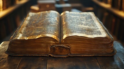 Obraz premium Golden script adorns the pages of an ancient leather-bound book, its words whispering tales of forgotten eras, a treasure trove of knowledge and history