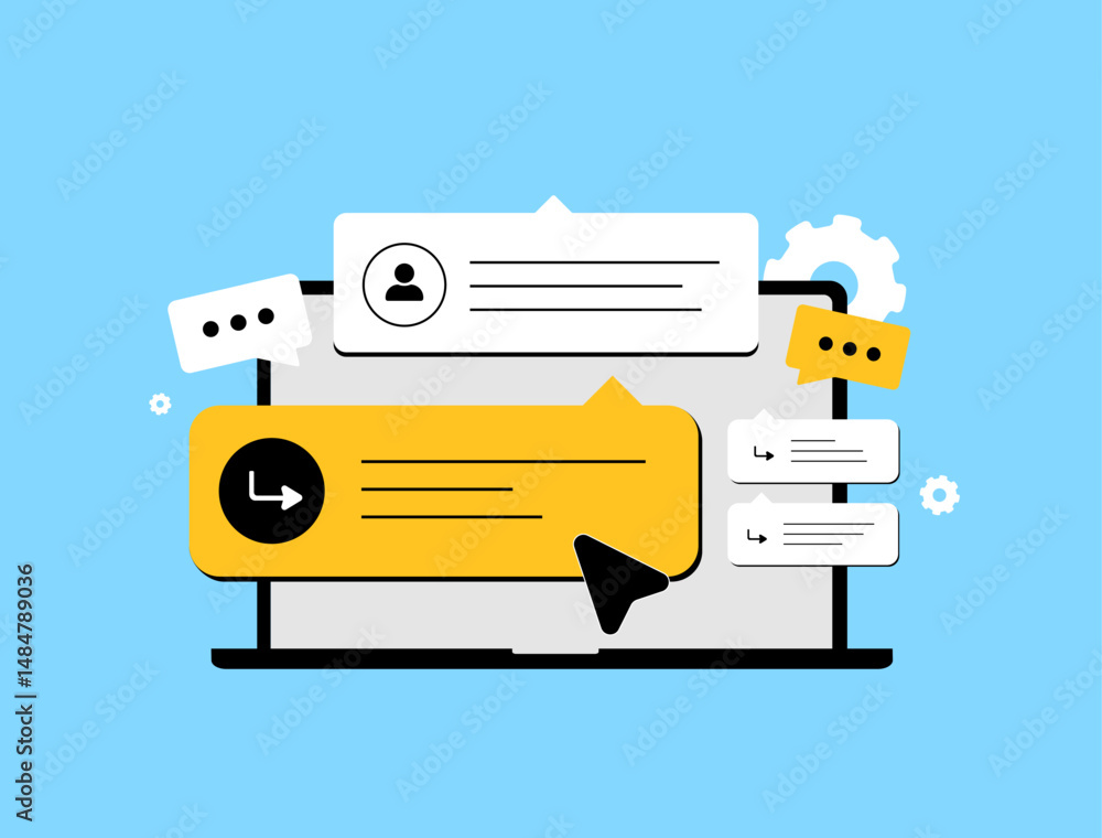 Poster customer service messaging template. marketing automation strategy with chatbot answers, digital sup