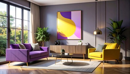 Sunlit Modern Living Area With Purple Couch Yellow Armchair And Abstract