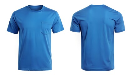 Blue Pocket T Shirt Front and Back on White Background
