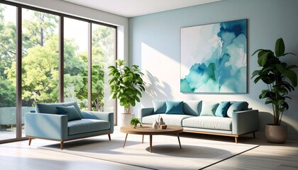 Sunlit Modern Living Room with Teal Sofa and Abstract Art